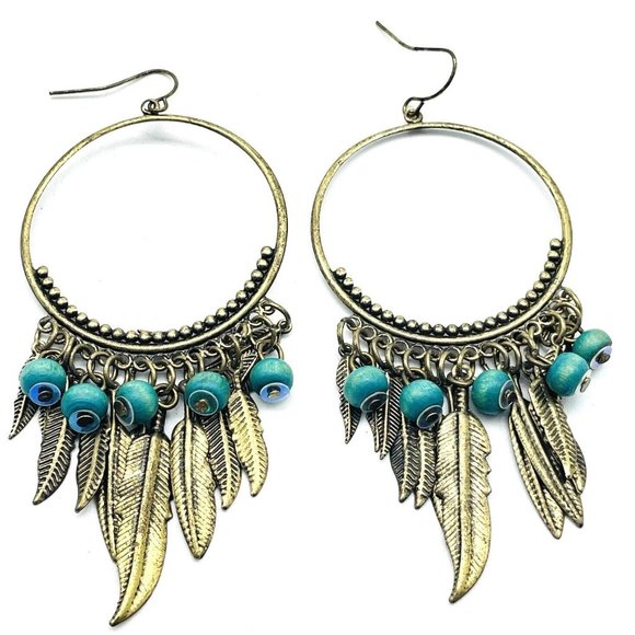 Feather Drop Hoop Earrings Pierced Gold Tone Faux Turquoise Beads Ethnic Native - Picture 1 of 8